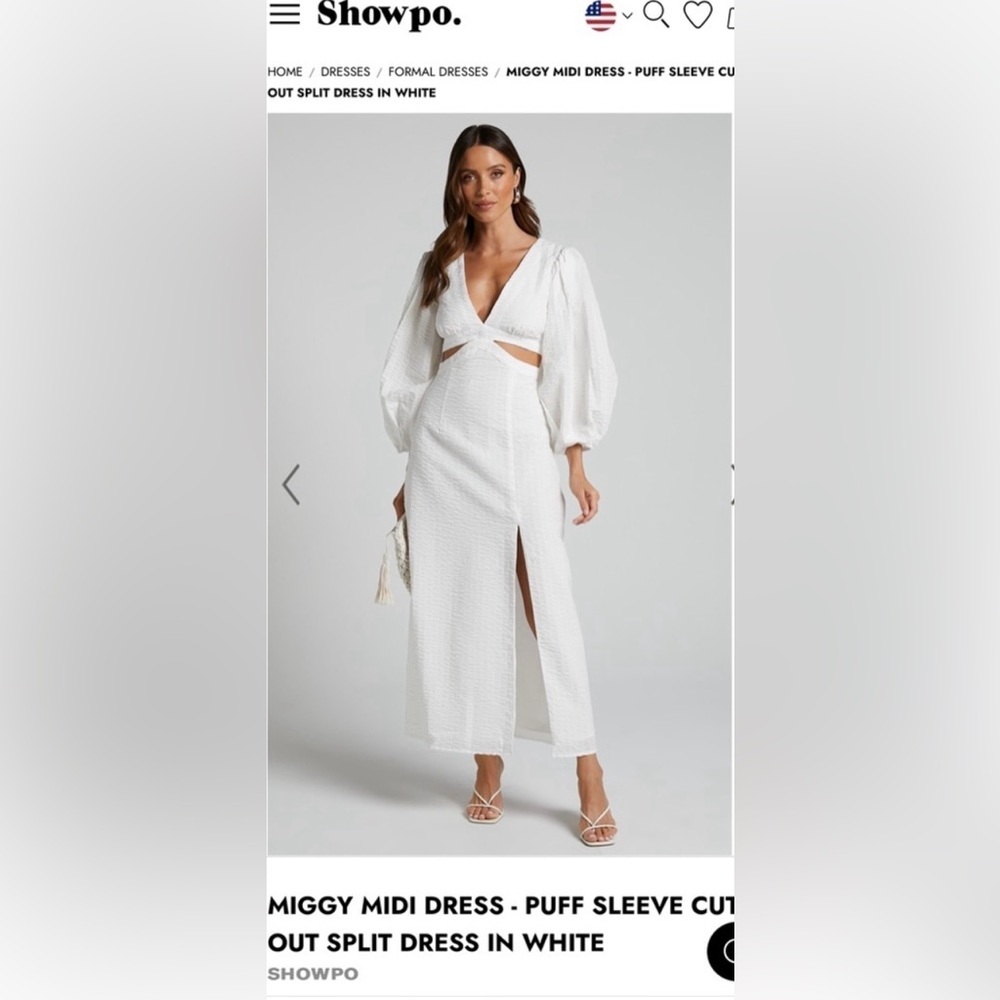 Showpo Miggy Midi Dress, White, puff sleeves